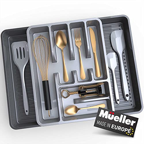 Mueller Large Flatware Kitchen Drawer Organizer, Expandable 19.7" x 15" Silverware Organizer, 6 Compartments, Heavy-Duty, Cutlery Tray for Utensils or Stuff, Dining Room, Living Room, Grey