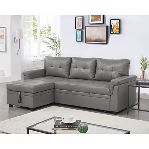 Naomi Home Laura Sectional Sleeper Sofa with Pull Out Bed, Reversible Sleeper Sectional Sofa Bed, Best Sleeper Sofa Couch with 168L Storage, L-Shape Pull Out Couch Bed Sleeper Sofa – Air Leather/Gray