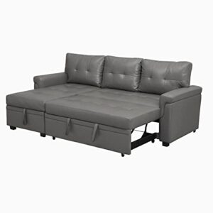 Naomi Home Laura Sectional Sleeper Sofa with Pull Out Bed, Reversible Sleeper Sectional Sofa Bed, Best Sleeper Sofa Couch with 168L Storage, L-Shape Pull Out Couch Bed Sleeper Sofa – Air Leather/Gray