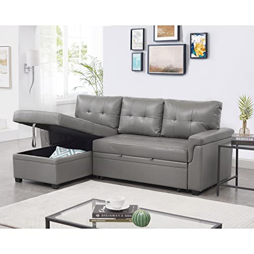 Naomi Home Laura Sectional Sleeper Sofa with Pull Out Bed, Reversible Sleeper Sectional Sofa Bed, Best Sleeper Sofa Couch with 168L Storage, L-Shape Pull Out Couch Bed Sleeper Sofa – Air Leather/Gray