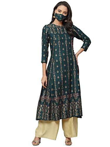 Yash Gallery Women's Plus Size Rayon Floral Print Anarkali Kurta (Dark Green)