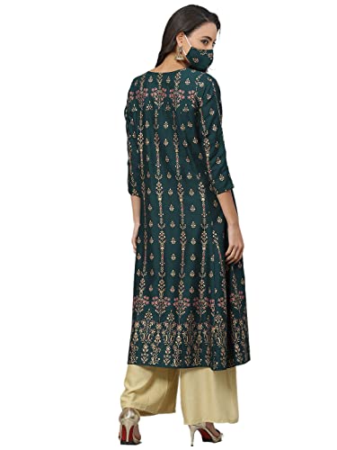 Yash Gallery Women's Plus Size Rayon Floral Print Anarkali Kurta (Dark Green)