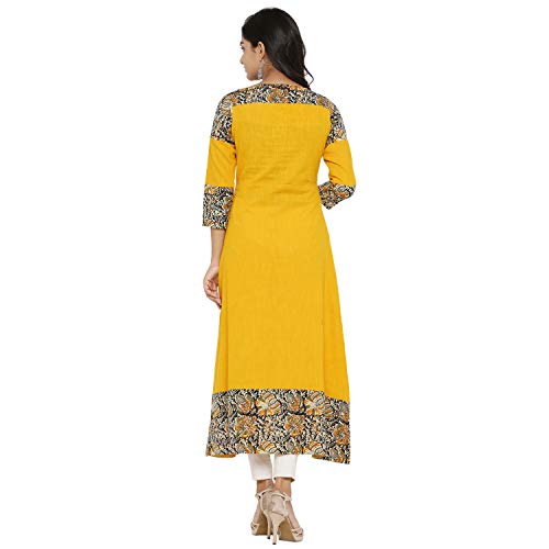 Yash Gallery Women's Plus Size Cotton Blend Kalamkari Print A-Line Kurtis (Mustard Yellow)
