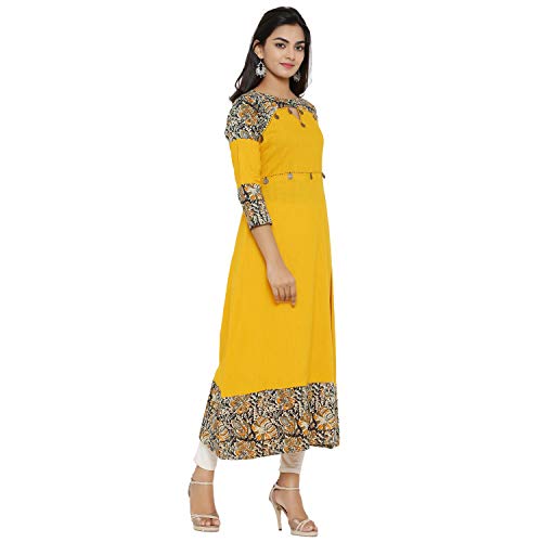 Yash Gallery Women's Plus Size Cotton Blend Kalamkari Print A-Line Kurtis (Mustard Yellow)