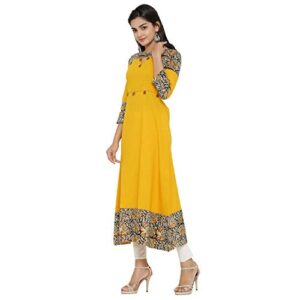 Yash Gallery Women's Plus Size Cotton Blend Kalamkari Print A-Line Kurtis (Mustard Yellow)