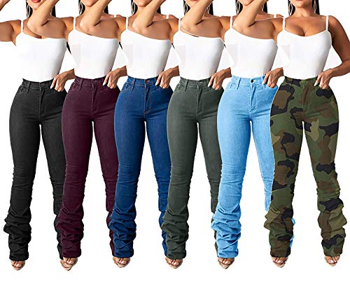 Vakkest Women's Flare Jeans Stacked Pants High Waist Bootcut Classic Casual Bell Bottoms Denim Leggings Plus Size