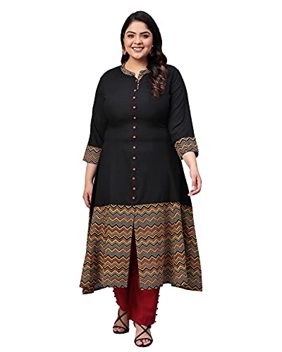 Yash Gallery Women's Rayon & Cotton Cambric Zig-Zag Print A-Line Kurta (XXL, Black.)