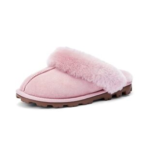 waysoft genuine australian sheepskin women slippers, water-resistant warm and fluffy outdoor house slippers for women (8, pink, numeric_8)