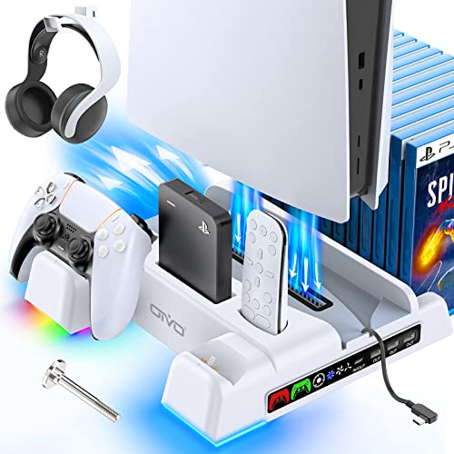 PS5 Stand and Cooling Station with RGB LED Controller Charging Station for Playstation 5 Console, 2H Fast PS5 Controller Charger, PS5 Accessories with 3-Level Cooling Fan, Headset holder, 3 USB Hub