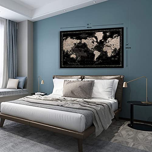 Vintage World Map Canvas Wall Art Retro Map of The World Canvas Prints Framed and Stretched for Living Room Ready to Hang 35''x24''