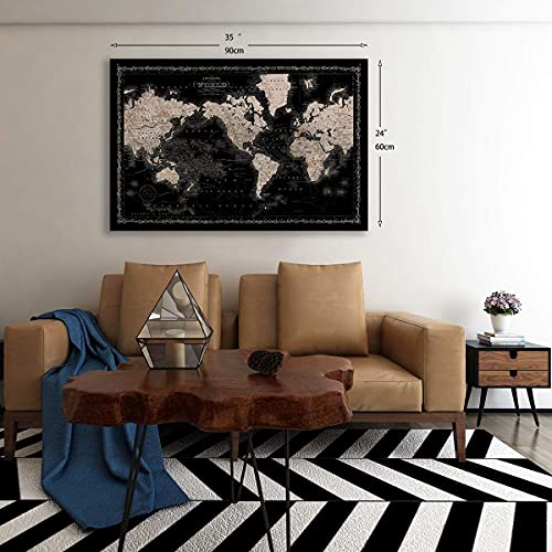 Vintage World Map Canvas Wall Art Retro Map of The World Canvas Prints Framed and Stretched for Living Room Ready to Hang 35''x24''