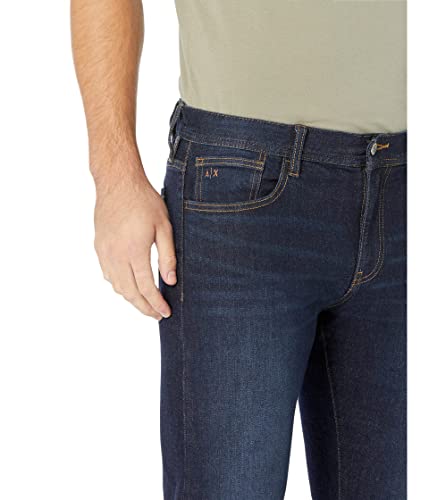 A|X ARMANI EXCHANGE Men's 5 Pocket Slim Denim, Dark Wash/Tobacco Stitching/Stretch Cotton