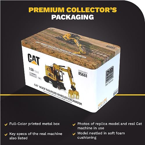 Diecast Masters 1:50 Caterpillar M323F Railroad Wheeled Excavator - Safety Yellow Version | High Line Series Cat Trucks & Construction Equipment | 1:50 Scale Model Diecast Collectible | 85661