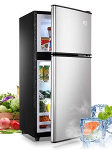 krib bling 3.5cu.ft compact refrigerator mini fridge with freezer, small refrigerator with 2 door, 7 level thermostat removable shelves for kitchen, dorm, apartment, bar, office silver