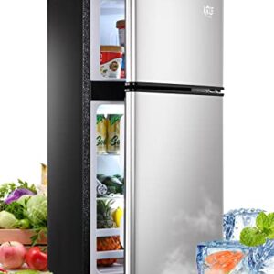 KRIB BLING 3.5Cu.Ft Compact Refrigerator Mini Fridge with Freezer, Small Refrigerator with 2 Door, 7 Level Thermostat Removable Shelves for Kitchen, Dorm, Apartment, Bar, Office Silver