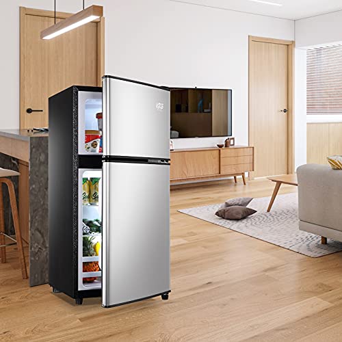 KRIB BLING 3.5Cu.Ft Compact Refrigerator Mini Fridge with Freezer, Small Refrigerator with 2 Door, 7 Level Thermostat Removable Shelves for Kitchen, Dorm, Apartment, Bar, Office Silver