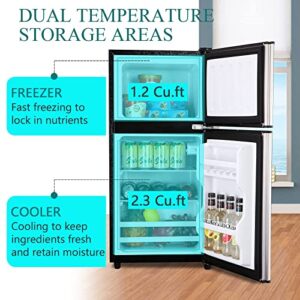 KRIB BLING 3.5Cu.Ft Compact Refrigerator Mini Fridge with Freezer, Small Refrigerator with 2 Door, 7 Level Thermostat Removable Shelves for Kitchen, Dorm, Apartment, Bar, Office Silver