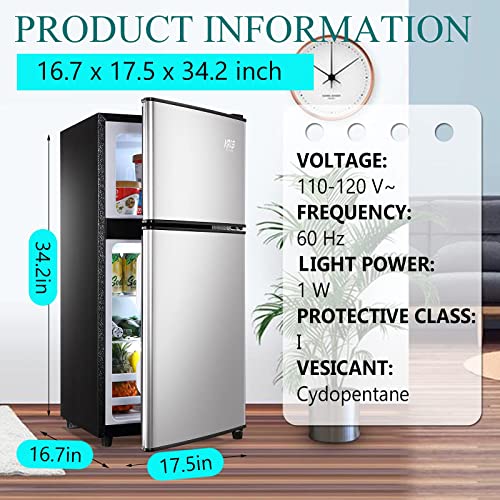 KRIB BLING 3.5Cu.Ft Compact Refrigerator Mini Fridge with Freezer, Small Refrigerator with 2 Door, 7 Level Thermostat Removable Shelves for Kitchen, Dorm, Apartment, Bar, Office Silver