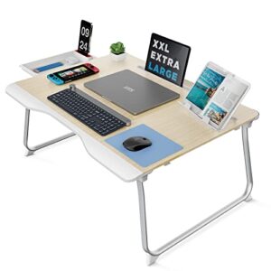 saiji folding bed desk for laptop, eating breakfast, writing, gaming, extra large 25.6" x 19.3" portable floor stand laptop desk table for adult,kids, wood bed tray table lap desk