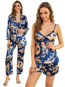 arwser women's silk satin pajamas set 4 pcs sleepwear cami top pjs with shorts and robe blue