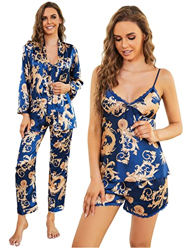 Arwser Women's Silk Satin Pajamas Set 4 Pcs Sleepwear Cami Top Pjs with Shorts and Robe Blue