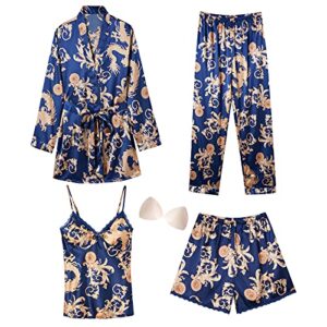 Arwser Women's Silk Satin Pajamas Set 4 Pcs Sleepwear Cami Top Pjs with Shorts and Robe Blue