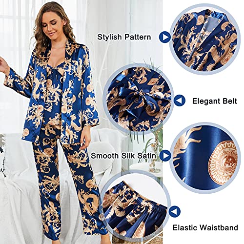 Arwser Women's Silk Satin Pajamas Set 4 Pcs Sleepwear Cami Top Pjs with Shorts and Robe Blue