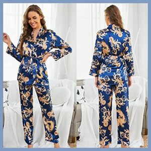 Arwser Women's Silk Satin Pajamas Set 4 Pcs Sleepwear Cami Top Pjs with Shorts and Robe Blue
