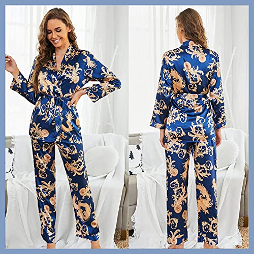 Arwser Women's Silk Satin Pajamas Set 4 Pcs Sleepwear Cami Top Pjs with Shorts and Robe Blue