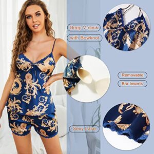 Arwser Women's Silk Satin Pajamas Set 4 Pcs Sleepwear Cami Top Pjs with Shorts and Robe Blue