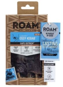roam pet treats ossy kebab 2pk dog treats, single source novel proteins long lasting chews made from ostrich for dogs