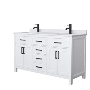 beckett 60 inch double bathroom vanity in white, white cultured marble countertop, undermount square sinks, matte black trim