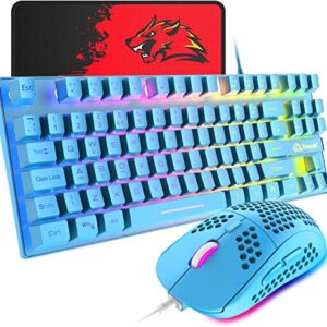 Gaming Keyboard and Mouse Combo,88 Keys Compact Rainbow Backlit Mechanical Feel Keyboard,RGB Backlit 6400 DPI Lightweight Gaming Mouse with Honeycomb Shell for Windows PC Gamers (Blue)