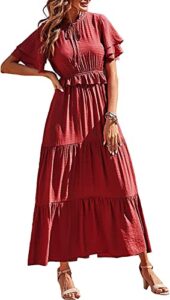 prettygarden womens summer boho maxi dress short sleeve v neck ruffle trim high waisted tiered party flowy long dresses 2023 (red, x-large)