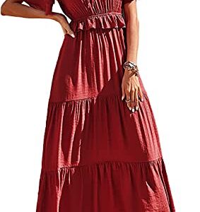 PRETTYGARDEN Womens Summer Boho Maxi Dress Short Sleeve V Neck Ruffle Trim High Waisted Tiered Party Flowy Long Dresses 2023 (Red, X-Large)