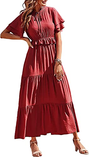 PRETTYGARDEN Womens Summer Boho Maxi Dress Short Sleeve V Neck Ruffle Trim High Waisted Tiered Party Flowy Long Dresses 2023 (Red, X-Large)