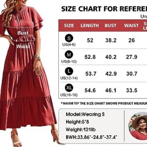 PRETTYGARDEN Womens Summer Boho Maxi Dress Short Sleeve V Neck Ruffle Trim High Waisted Tiered Party Flowy Long Dresses 2023 (Red, X-Large)