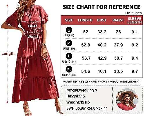 PRETTYGARDEN Womens Summer Boho Maxi Dress Short Sleeve V Neck Ruffle Trim High Waisted Tiered Party Flowy Long Dresses 2023 (Red, X-Large)