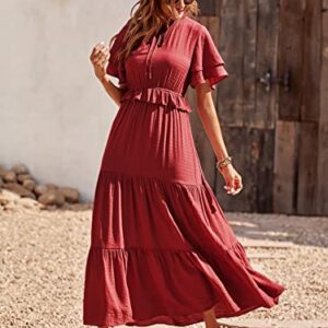 PRETTYGARDEN Womens Summer Boho Maxi Dress Short Sleeve V Neck Ruffle Trim High Waisted Tiered Party Flowy Long Dresses 2023 (Red, X-Large)