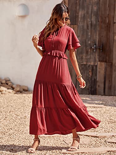 PRETTYGARDEN Womens Summer Boho Maxi Dress Short Sleeve V Neck Ruffle Trim High Waisted Tiered Party Flowy Long Dresses 2023 (Red, X-Large)