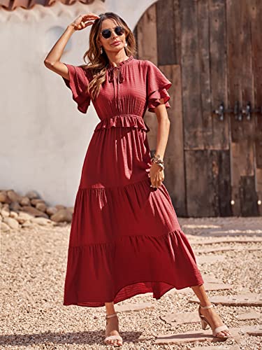 PRETTYGARDEN Womens Summer Boho Maxi Dress Short Sleeve V Neck Ruffle Trim High Waisted Tiered Party Flowy Long Dresses 2023 (Red, X-Large)