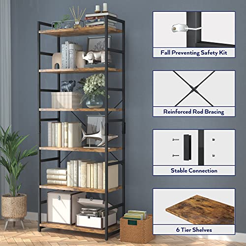 NUMENN 6 Tier Bookshelf, Tall Bookcase Shelf Storage Organizer, Modern Book Shelf for Bedroom, Living Room and Home Office, Vintage