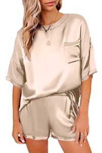 chyrii women's silk satin pajamas two piece pj sets crewneck short sleeve tops and shorts sleepwear champagne l