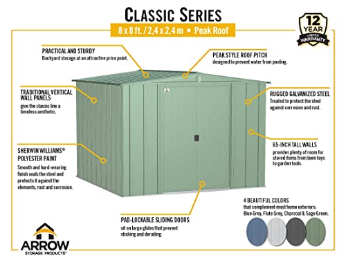 Arrow Classic Steel Storage Shed, 8x8, Charcoal