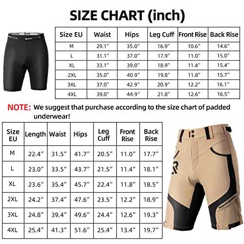 ROCKBROS Mountain Bike Shorts MTB Bike Shorts for Men Padded Mountain Bike Shorts Khaki