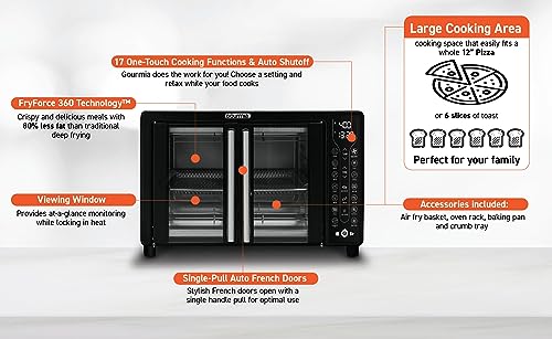 Gourmia Toaster Oven Air Fryer Combo 17 cooking presets 1700W french door digital air fryer oven 24L capacity air fryer accessories, convection toaster oven rack, baking pan, tray recipe book GTF7460