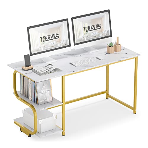 Teraves Reversible Computer Desk for Small Spaces,Small Desk with Shelves,47 inch Gaming Desk Office Desk Bedroom Desk for Home Office