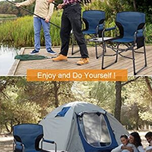 MaiuFun Folding Camping Chair with Side Table Portable Outdoor Director Chairs Heavy Duty Quad Support 330 lbs High Back Thicken Oxford with Padded Armrests, Storage Bag, Cup Holder(Blue)