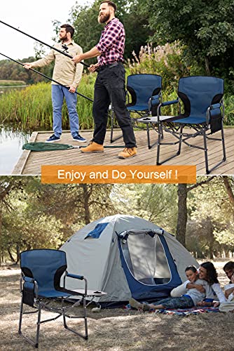 MaiuFun Folding Camping Chair with Side Table Portable Outdoor Director Chairs Heavy Duty Quad Support 330 lbs High Back Thicken Oxford with Padded Armrests, Storage Bag, Cup Holder(Blue)