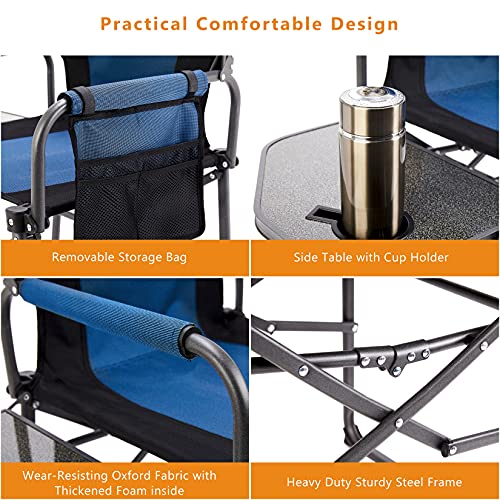 MaiuFun Folding Camping Chair with Side Table Portable Outdoor Director Chairs Heavy Duty Quad Support 330 lbs High Back Thicken Oxford with Padded Armrests, Storage Bag, Cup Holder(Blue)